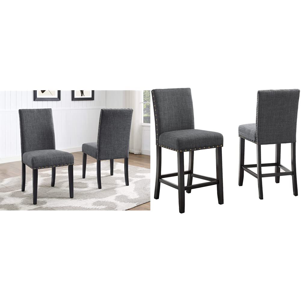 Roundhill Furniture Biony Gray Fabric Dining Chairs with Nailhead Trim