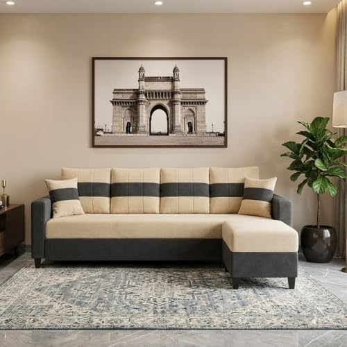 Image of Cavona 5 Seater L Shape Sofa Set with Movable Ottoman | Flexible Layout | Luxury Velvet Suede Fabric | Modern Living Room Sofa | Cream-Dark Grey