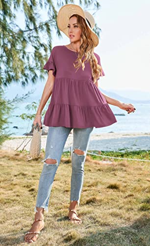 Neineiwu Women's Casual Ruffle Short Sleeve Crewneck Loose Tops Blouses Tunics4