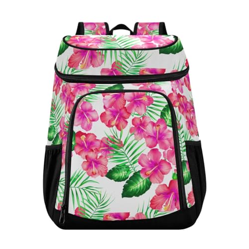 Hibiscus Palm Leaves White Cooler Backpack Leakproof Insulated Lunch Cooler Bag 30 Cans Camping Backpacks for Beach Road Trip Picnic