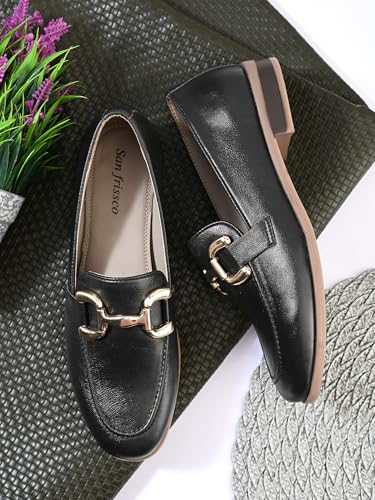 Image of San Frissco Women's Loafers | Solid Round Toe Slip-On Shoes for Women PU Moccasins with Horsebit & Buckle | Comfortable $ Lightweight for Casual, Office & Daily Use