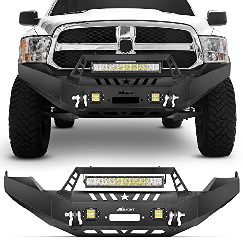 Image of Nilight Front Bumper with Shackle & Light for 2013-2018 Dodge Ram 1500 (Excl. Rebel) & 2019-2024 Ram 1500 Classic Pickup Truck with Winch Plate, Light Bar+2Pcs Pod, Full Width Solid Steel