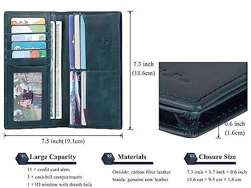 Image of VISOUL Leather Checkbook Cover Wallet for Men with RFID Blocking, Mens Long Bifold Cash Tall Wallet with 11 Credit Card Slots 1 ID Window (Dark Blue)