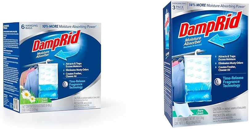 DampRid Fresh Scent Hanging Moisture Absorber, 15.4 oz., 6 Pack - Eliminates Musty Odors for Fresher, Cleaner Air & Pure Linen Hanging Moisture Absorber, 16 oz., 3 Pack - Eliminates Musty Odors