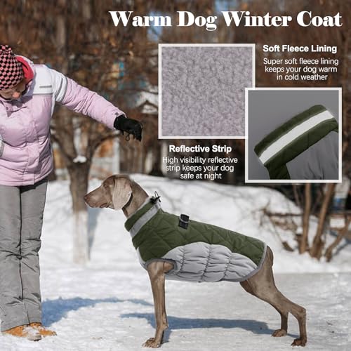 Image of Lelepet Dog Coat Warm Dog Winter Coat Waterproof Dogs Jacket with Harness | Reflective Pet Fleece Vest Zip-Up Cold Weather Coats for Dogs Turtleneck & Windproof Coats Chihuahua Army Green XS