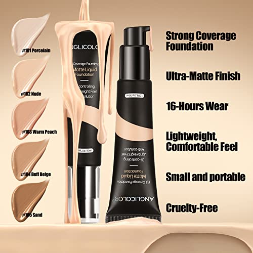 Anglicolor Matte Oil Control Concealer Foundation Flawless Soft Long Lasting Foundation Makeup,Waterproof Full Coverage Face Makeup Strong Concealer Foundation For Oily Acne Skin,1Fl.oz (#105 Sand) #TOP3