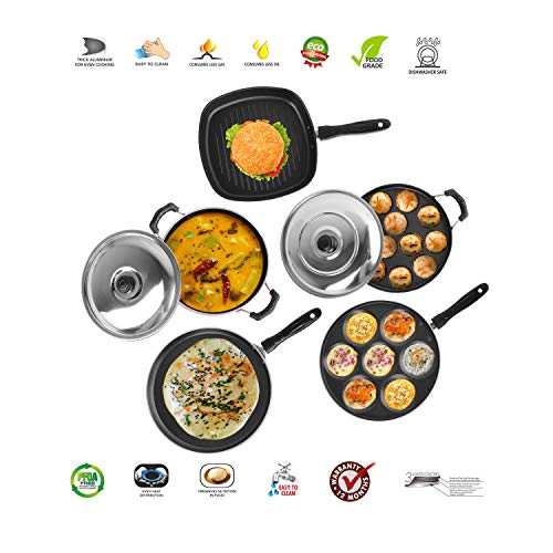 Image of Sumeet Aluminium 2.6mm Thick Non-Stick Rubrum Cookware Set (Dosa Tawa 26.5cm Dia + Multi Snack Maker 26.5cm Dia + Kadhai with Lid 1.5Ltr + Grill Appam Patra with Lid 23cm Dia + Grill Pan 1.1Ltr, Red)