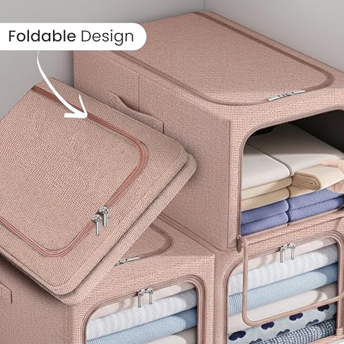 Image of Yellow Weaves 4 Pcs Clothes Organizer for Wardrobe, Foldable, Stackable, Space Saver Closet Basket, Cupboard Almirah Organizer, Storage Box for Clothes (Coral Pink, Regular)
