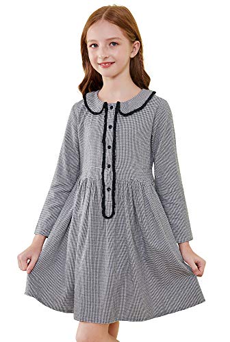 Image of SOLOCOTE Girls Plaid Dress Cotton Casual Spring Long Sleeve Dresses Peter Pan Collar 3-14Y