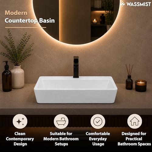 Image of WASSMIST Wash Basin | Table Top WashBasin for Bathroom with 10 Year Glaze Warranty | Premium Ceramic Rectangular Basin (17 X 14 X 4.50 inch)