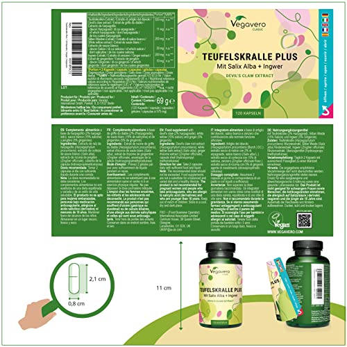 Teufelskralle Kapseln Vegavero | 550 mg | Mit Weidenrinde (Salix alba) & Ingwer | 2% Harpagoside aus Harpagophytum procumbens | Vegan & Ohne Zusätze | 120 Stück