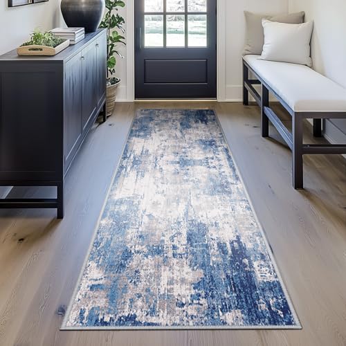 Washable Area Rugs 2'x6' Non-Slip Modern Abstract Soft for Living Room Entryway Bedroom Nursery, Print Pattern, Blue Grey Navy Gray