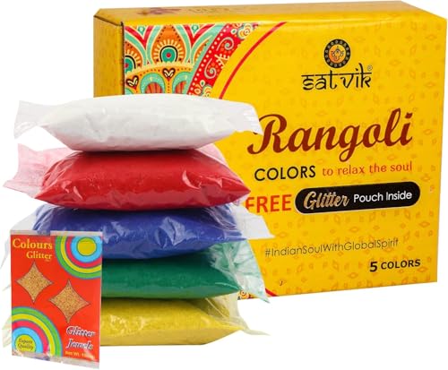 SATVIK 5 Shades of Rangoli Colors More Quantity Easy to Store Glitter Rangoli Colours Pouch (No GULAL) Festival/Festive Multi Colors Powder Art Crafts Painting Diwali Housewarming Return Gifts Items