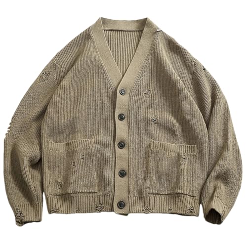 Men Heavy Slouchy Big V-Neck Cardigan Knit Sweater Loose Destructive Old Loose Long-Sleeved Sweater