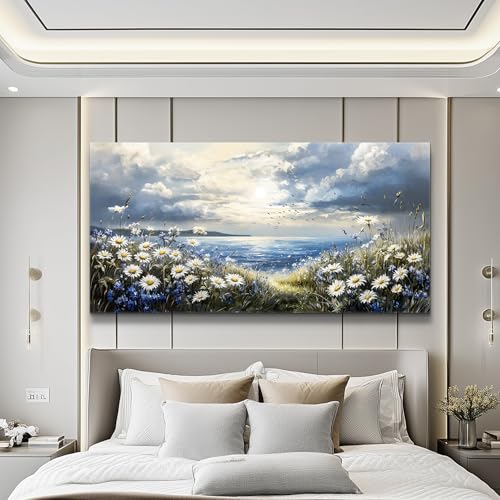 KELIYUAN Large Canvas Wall Art For Living Room Bedroom Wall Decor Home Office Blue Mediterranean Garden Landscape Painting Room Bathroom Dining Room Prints Artwork Picture Wall Decoration 20x40 In