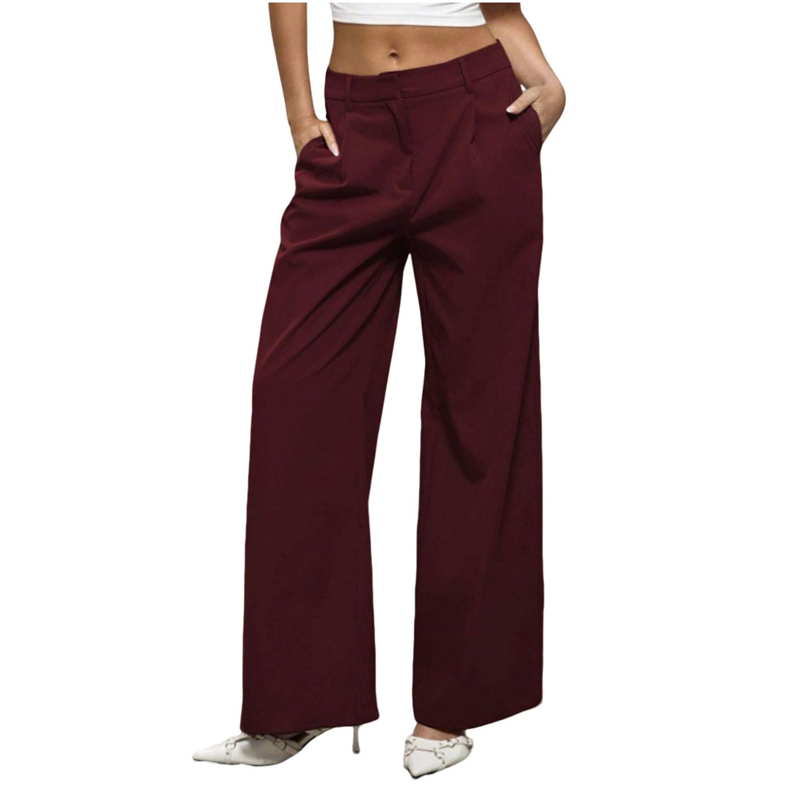 Womens Work Pants Solid Color Twill Business Office Trousers Loose Casual Pull On Mid-Rise Business Office Slacks