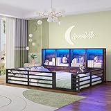 Gxffipw Kinderbett Bodenbett 140x200 cm mit LED Licht und Stauraum, Hausbett Doppelbett mit Rausfallschutz, Gitterbett Metallbett Bettrahmen mit Lattenrost, Schwarz, Ohne Matratze