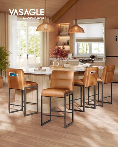 Image of VASAGLE EKHO Collection - Bar Stools Set of 4, Counter Height Stools with Backs, 26.4-Inch Barstools Chairs, Synthetic Leather with Stitching, Mid-Century Modern, Dining Kitchen Island, Caramel Brown