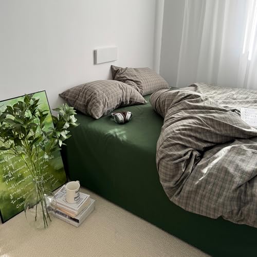 Image of mixinni Vintage Green Buffalo Plaid Duvet Cover Set Twin XL - 3 Piece Mid-Century Washed Cotton Bedding Set with Grid Pattern, Ultra Soft & Breathable Duvet Cover with Pillowcases for All Seasons