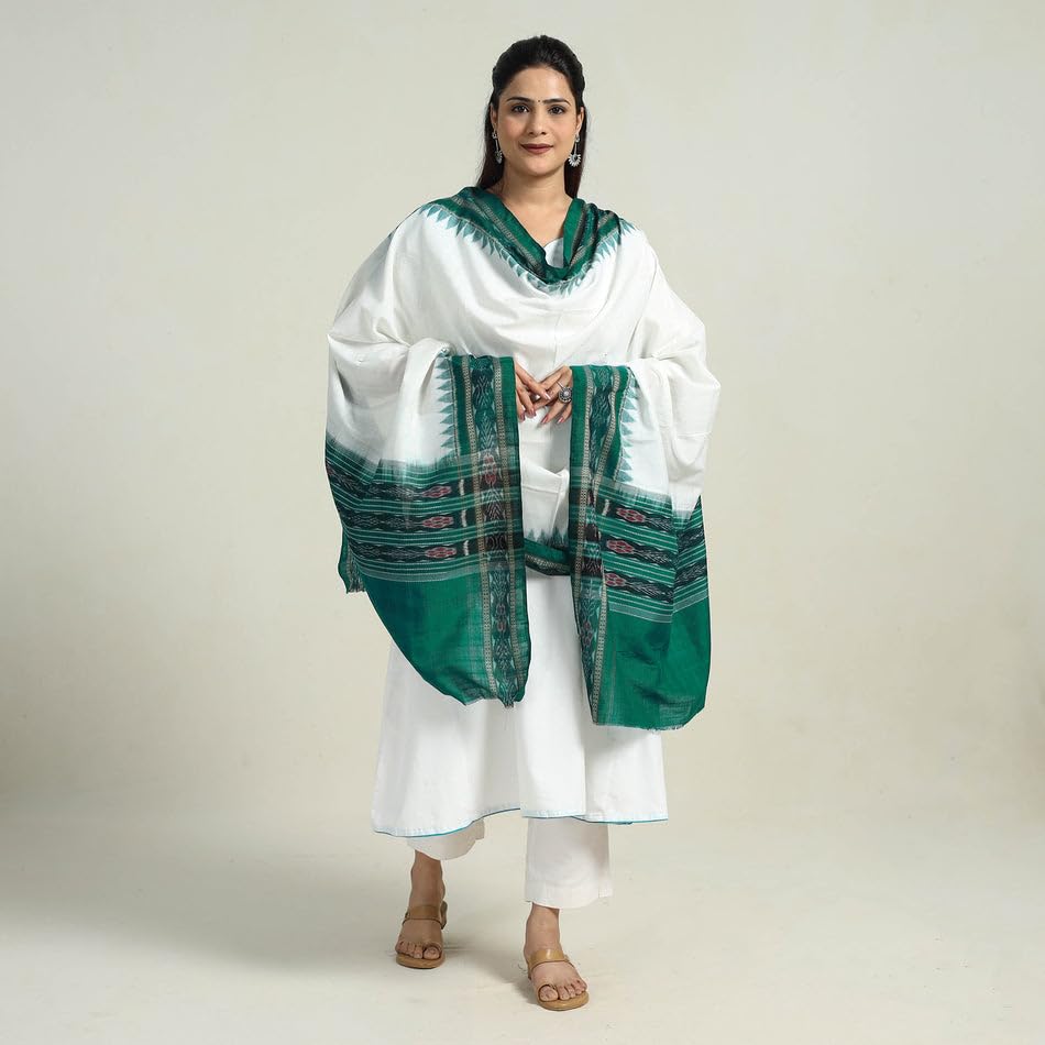 Image of Cotton Dupatta with weaving and Ikat woven border from the Weavers Stole for Girls & Women