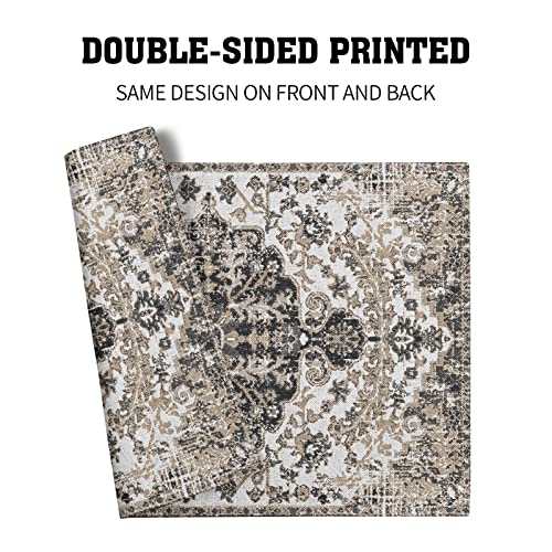 Image of Ethnic Boho Placemats Set of 4 Bohemian Carpet Vintage Gray Floral Linen Washable Kitchen Dining Southwestern Table Mats Stain Heat-Resistant Desktop Decor Place Mats for Home Party Indoor 12x18 in