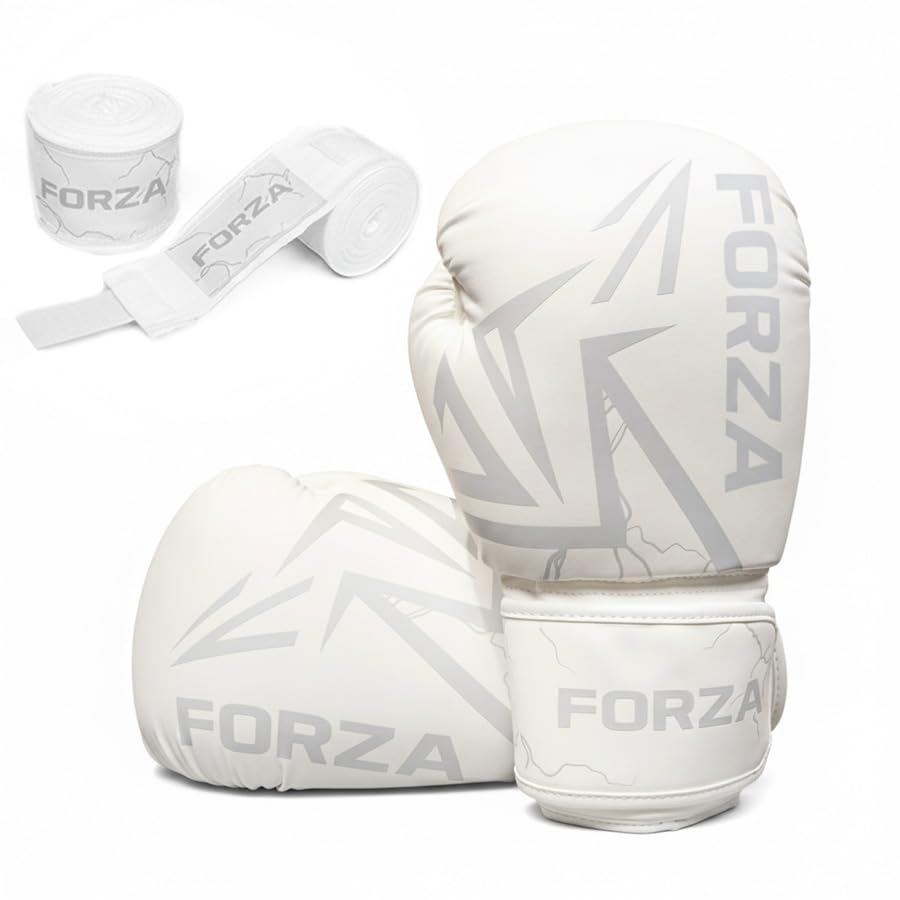 FORZA Boxing Gloves & Hand Wraps Bundle – PU Leather Training Gloves with Hand Wraps for Boxing, Kickboxing, Muay Thai & MMA – Multiple Weights, Sizes & Colours (White 12oz (55-68kg), 3.5m)