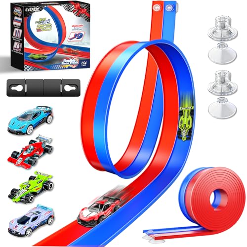 15 Ft Flexible Race Car Track for Kids, Double-Sided Racetrack with Suction Cups, Compatible with Diecast 1/64th Cars, Portable Roll Up DIY Track Set, Gift for Boys Girls Ages 3+