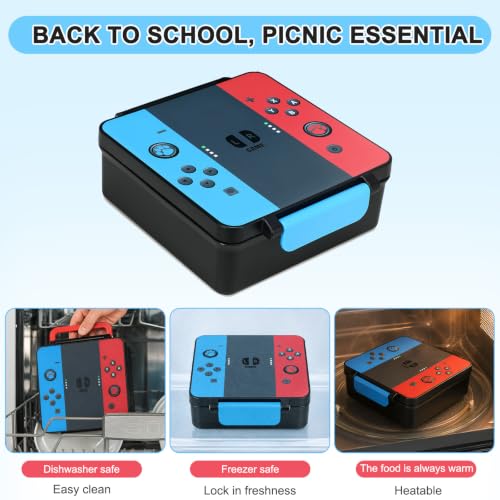 Image of Gamer Bento Lunch Box for Kids, 60 OZ Kids Lunch Box with 8 OZ Leakproof Stainless Steel Insulated Food Jar, 3-4 Compartments Bento Box for School, Includes Sauce Cup & Divider (Blue-Red-A2)