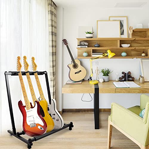Image of Kuyal Iron Guitar Stand Multi-Guitar Display Rack Bass Folding Stand Band Stage Bass Acoustic Guitar, Black (3 Holder)