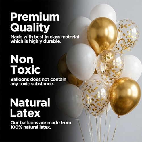 Image of Just Party Birthday Decoration Kit, Gold & White - Pack of 58 | Super Shinny Balloons for Birthday Decoration | Birthday Balloons for Kids & Adults | Happy Birthday Cursive Bunting | Confetti Balloons