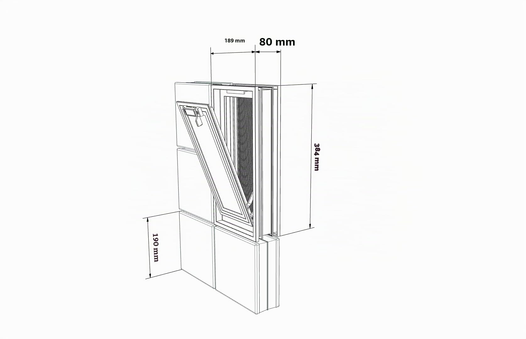 Ventana de ventilación para colocar en una pared de cristales de ladrillo o mampostería | Dimensiones 190 x 384 x 8 cm | Unidad de venta 1 ventana