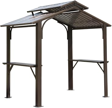 85FT Hardtop Grill Gazebo, Outdoor BBQ Gazebo w/Galvanized Steel Double Roof, Permanent Sun Shade Grill Canopy Shelter with 2 Side Shelves and Ceiling Hook for Patio Deck Yard Garden Brown