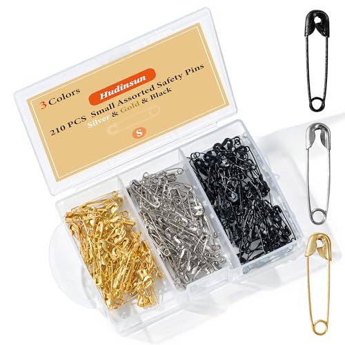 Hudinsun 210 PCS Small Safety Pins Assorted Silver and Black and Gold Safety Pins Bulk for Sewing and Clothes(19mm)