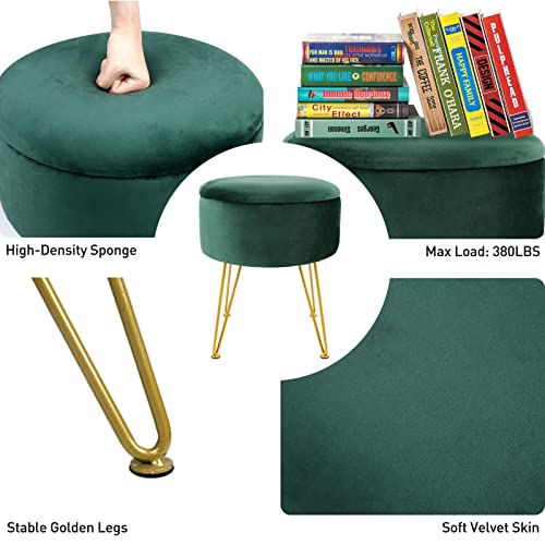 Ecomex Velvet Round Ottoman With Storage, Metal Legs, Coffee Table Tray Cover Footstool Makeup Vanity Stool Modern Furniture For Living Room Bedroom, Green #TOP3