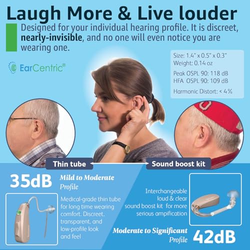 EarCentric EasyCharge Rechargeable Hearing Aids (Pair) for Seniors, Behind-The-Ear BTE Ear Aid PSAP digital Personal sound amplification products devices with Noise Cancellation (Beige)