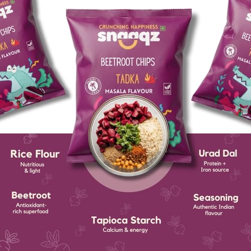Image of Snaaqz Beetroot Chips Tadka Masala Flavour | Crunchy Vegetable Chips | Palm Oil Free Snack | Ready-to-Eat Healthy Snack for Kids & Adults (Pack of 3 x 70gm)