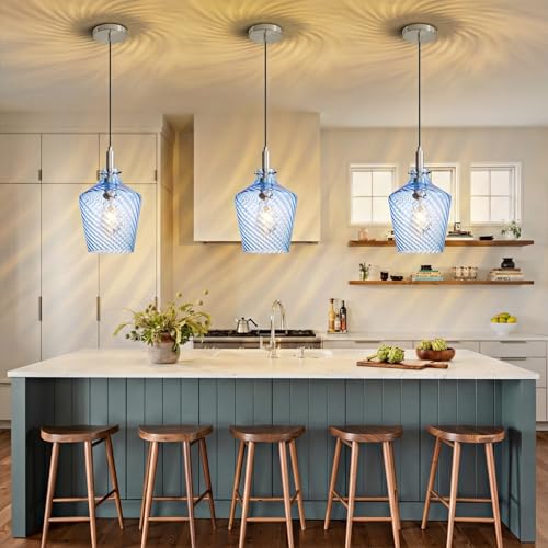 Image of Stripes Blue Glass Pendant Light for Kitchen Island Nickel 8 Inch 1 Pack