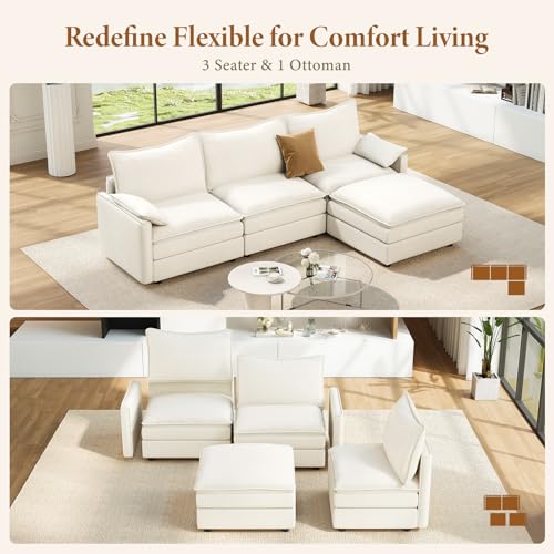 Image of Vesgantti 108 inch Modular Sectional Sofa, Comfy Cloud Couch with Movable Ottoman Deep Seat Chenille L Shaped Modular Sofa, Sectional Couches for Living Room, Bedroom and Apartment, Snow White