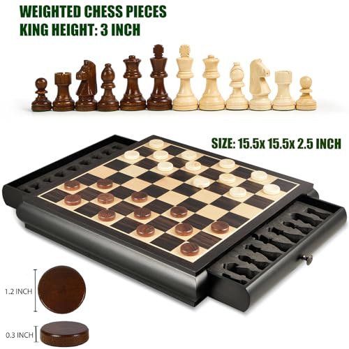 Juego de mesa madera ajedrez y damas con tablero 15.5" miniatura 2