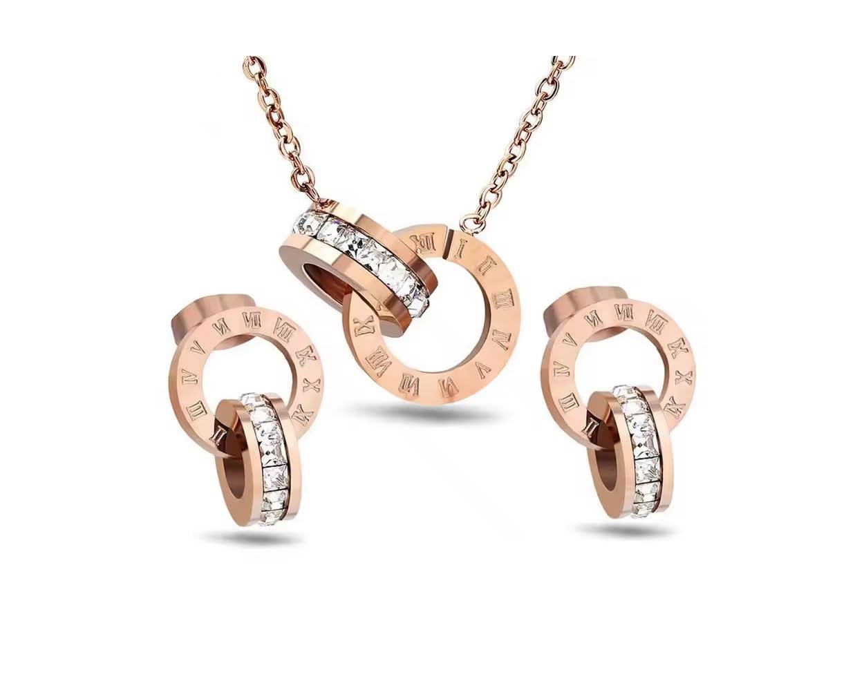El Regalo Crystal Roman Numeral Stainless Steel Necklace & Earrings Jewelry Set For Girls & Women- Anti tarnish, Waterproof Double Ring Infinity Love Jewelry (B0CZXCYP8S) Amazon Price History, Amazon Price Tracker