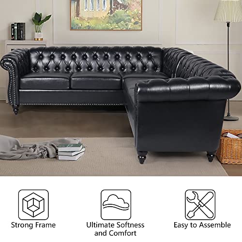 Image of QHITTY L-Shaped Sofa, Sectional Chesterfield Leather Couch 5-Seater Upholstered Small Accent Tufted Sofa with Rolled Armrest and Nailhead Design for Living Room, Apartment, Office (Black)