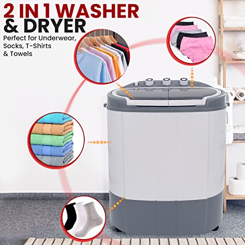 Pyle Compact Home Washer & Dryer, 2 in 1 Portable Mini Washing Machine, Twin Tubs, 11lbs. Capacity, 110V, Spin Cycle w/Hose, Translucent Tub Container Window, Ideal for Smaller Laundry Loads, Gray