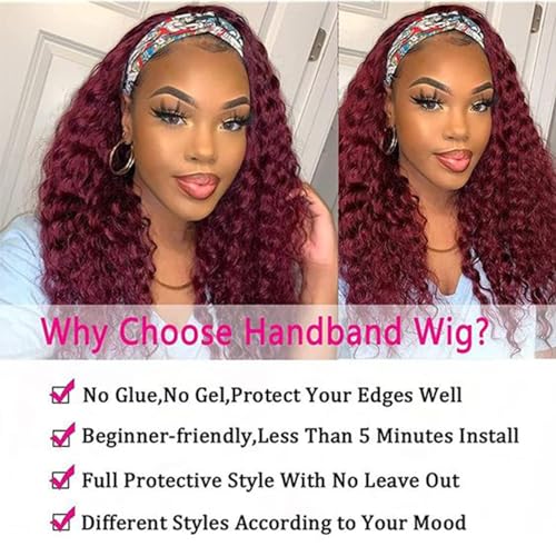 Image of Punmasa Headband Wig Human Hair Deep Wave 99J Human Hair Headband wigs for women Glueless None Lace Front Wig Machine Made 150% Density human hair headband wig 22 Inch