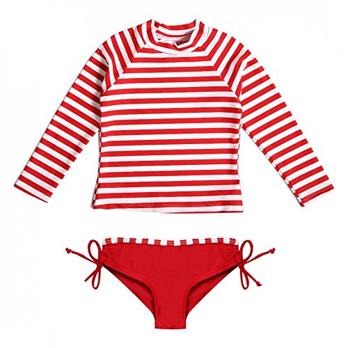 Bañador para niña cómodo a rayas rojas con camiseta para evitar quemaduras