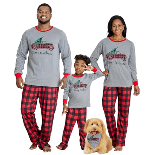 IFFEI Matching Family Pajamas Sets Christmas PJ's Sleepwear Truck Print Top and Plaid Pants with...