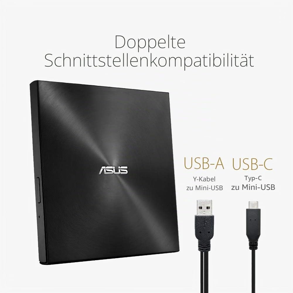 ASUS ZenDrive U9M Schwarz – USB 2.0/USB-C Slim Externer DVD-Brenner Optische Disc 8X Speed Re-Writer-Laufwerk mit M-Disc-Unterstützung, USB 2.0 Typ-A/Typ-C-Kompatibilität, Mac/Windows OS kompatibel