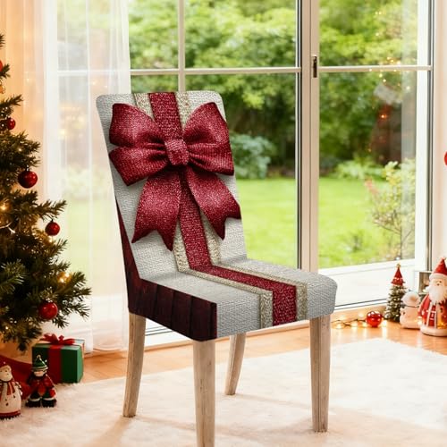 Image of Nuxovilar 4PCS Red Bow Design Stretch Chair Covers 23.6x70in | Holiday Slipcover Festive Protector Bow Wrap Seat Guard Dining Room Family Gathering Party (Red Bow Design)