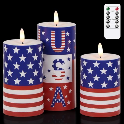 Image of Patriotic Flameless Pillar Candles Battery Operated with Remote Timer Plastic Realistic 3D Wick Outdoor Waterproof LED Flickering Candles 4th of July USA Flag Decor(3 Pack, 3 x 4,5,6 Inches)