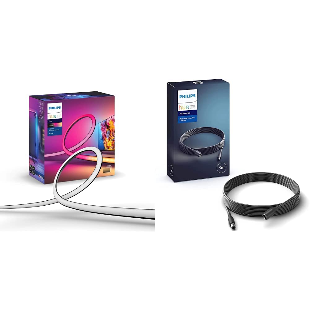 Philips Lightstrip Hue Play Gradient pour TV 65 pouces, synchronisation de la lumière avec l'écran, fonctionne avec Alexa, Google Assistant et Apple Homekit & Hue Play Câble d'extension 5m