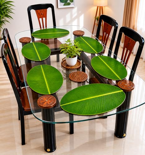 Image of CRAFT CITY Banana Leaf Design Table Place mat PVC 6 Pieces Dining Table Placemat Set for Home Decor & Kitchen (Green) Pack f 6